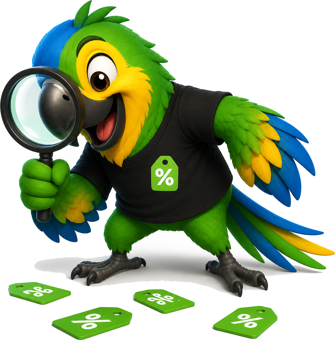 Mascote papagaio com lupa procurando promoções